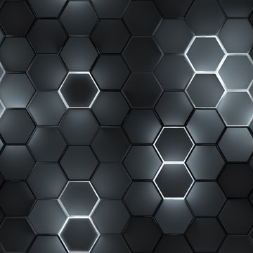 Seamless pattern of glowing hexagons 3D render