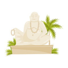 Giant laughing Buddha statue, green palm tree and leaves. Cultural symbol. Old historical monument. Flat vector design