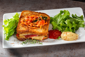 Worm sandwich made with cheese, salami and vegetables on the plate