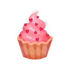 Tasty cupcake with pink cream decorated with hearts. Holiday dessert. Flat vector element for Valentines day postcard