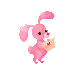 Adorable pink bunny holding love letter in paws. Valentines day theme. Flat vector design