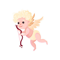 Little cupid with wooden bow in flying action. Baby angel with small wings. Valentines day theme. Flat vector design