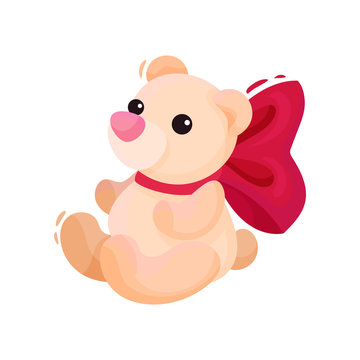 Small teddy bear with big pink bow on neck. Holiday present. Cute plush toy. Valentines day theme. Flat vector icon