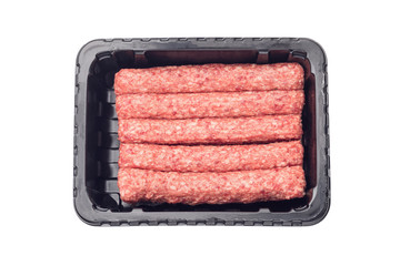 Packed raw sausages in black plastic black tray