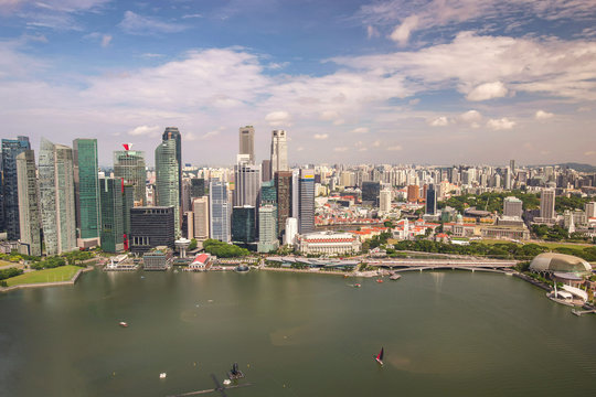 Singapore city skyline, high angle view at Marina Bay business district
