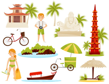 Flat vector set of Vietnamese cultural objects. Famous landmarks and historical monuments, tourists and transport