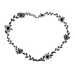 The black heart from a flower ornament on a white background. Ornament of hearts from roses and leaves. Heart symbol. Vector