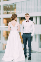 Naklejka premium Beautiful couple bride and groom. Wedding in the European style fine art.