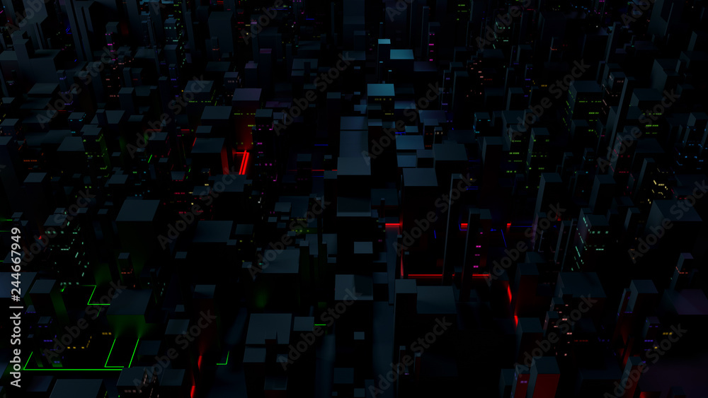 Poster 3d render abstract technology background with geometry buildings and light trails that symbolize spe