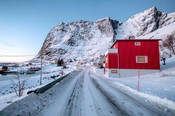 Red Norwegian village on beside highway