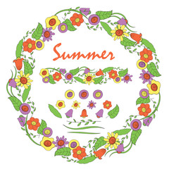 A wreath of summer wildflowers. Botanical doodling. Seamless flower brush. Floral vector elements for design postcards.