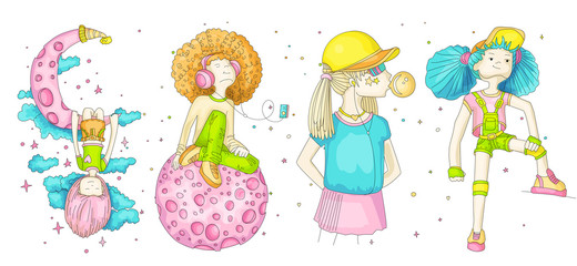 Colored Set of teenage girl icons, cute cartoon teen objects, fun stickers design vector in teenager girls concept. Doodle icon set for teenagers. Colored hand drawn set of teenage girl icons