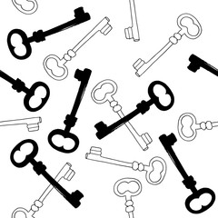 A seamless vector pattern with ink hand drawn skeleton keys, in black and white
