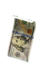  flying banknote of hundred dollars isolated on white.