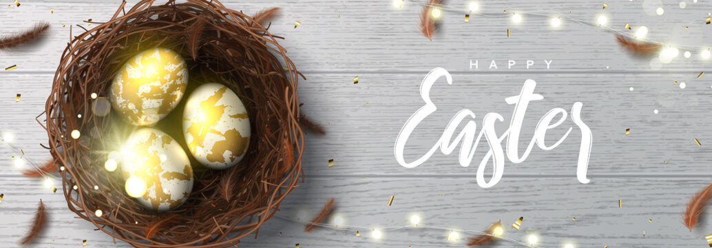 Happy Easter horizontal banner. Beautiful background with realistic wicker nest, white golden eggs, sparkling gold confetti, shining garland and chicken feathers. Holiday vector illustration.