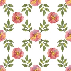 Seamless pattern with flowers and rose hips in watercolor style. Can be used for fabric, wrapping paper, postcard design, invitations, greetings, etc.