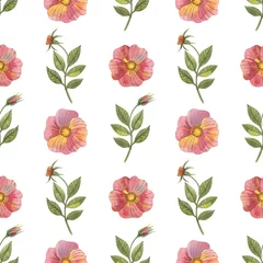 Fotobehang Tropische planten Naadloze patroon met bloemen en rozenbottels in aquarel stijl. Kan worden gebruikt voor stof, inpakpapier, ansichtkaartontwerp, uitnodigingen, groeten, enz.