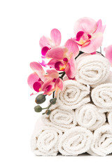 set of white roll towels with flowers isolated on white.