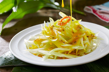 Delicious Chinese food, passion jam and celery salad

