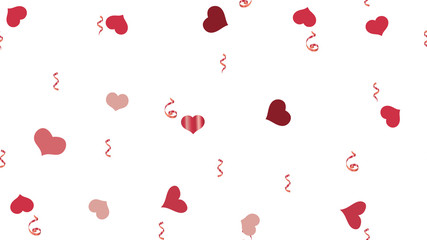 Flying Red confetti. Element of packaging, textiles, wallpaper, banner, printing. Vector Seamless Pattern on a White Background. Light Pattern of Hearts and Serpentine.