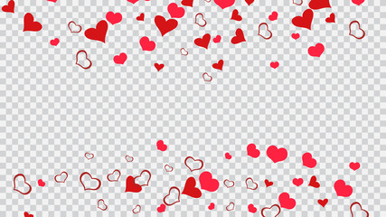 Happy background. Red hearts of confetti are flying. Design element for wallpaper, textiles, packaging, printing, holiday invitation for birthday. Red on Transparent fond Vector.
