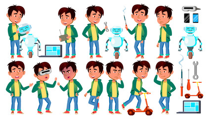 Fototapeta premium Asian Boy Kid Poses Set Vector. Build Robot Helper. Primary School Child. For Presentation, Invitation, Card Design. Isolated Cartoon Illustration