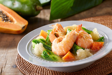 Delicious Chinese cuisine, fresh shrimp and Luffa soup

