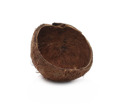 Coconut hollow fruit shell cut in half isolated on white background, design element 