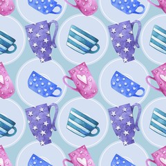 Romantic seamless pattern with cute cups, mugs, hearts, stars, buttons and more. The illustration is suitable for wrapping paper, card, cloth and more.