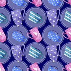 Romantic seamless pattern with cute cups, mugs, hearts, stars, buttons and more. The illustration is suitable for wrapping paper, card, cloth and more.
