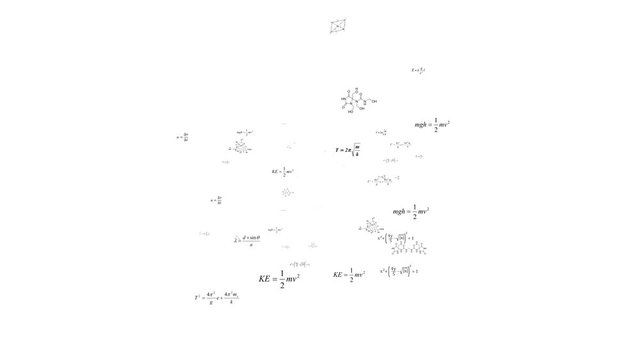 Formulas appear on a white background.Math equations. Flight through numbers, formulas and math equations.