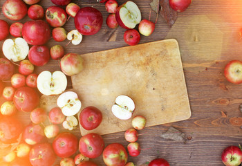 Thanksgiving background with apples, acorns, berries and fall leaves on the old wooden background. Autumn background with copy space. Abundant harvest concept.