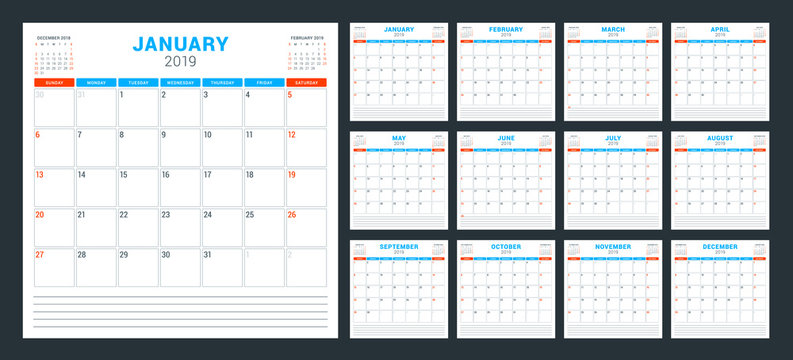 Calendar planner for 2019 year. Week starts on Sunday. Set of 12 months. Printable vector stationery design template