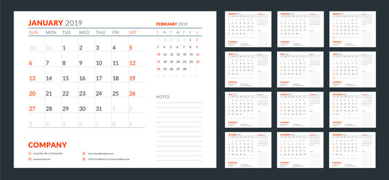 Calendar planner for 2019 year. Week starts on Sunday. Set of 12 months. Printable vector stationery design template
