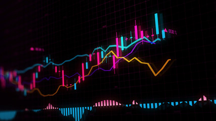 3D rendering of stock indexes in virtual space. Economic growth, recession