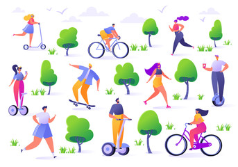 Fototapeta premium Active people in the park. Summer outdoor. Man and woman characters running, riding bicycle, skateboarding, roller skates, fitness. Flat design characters with hover boards.