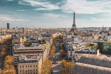 Beautiful panoramic view of Paris from the roof of the Triumphal Arch. Champs Elysees and the...