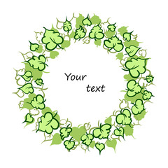 Greeting card with green leaves. Vector in the form of a circle