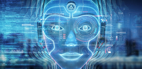 Robotic woman cyborg face representing artificial intelligence 3D rendering