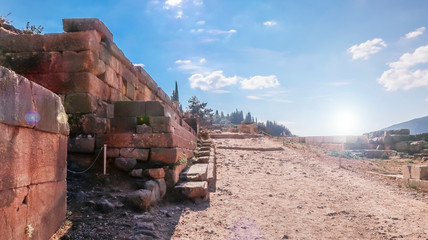 Beautiful sun leaks in Apollo, Delphi, Greece