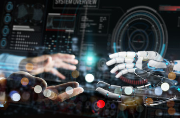 Robot hand and human hand touching digital graph interface 3D rendering