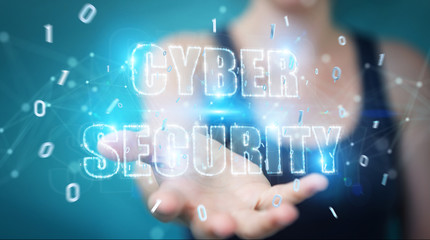 Businesswoman using cyber security text hologram 3D rendering