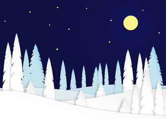 Winter landscape on a moonlit night. Snowy trees in a park or forest. Design in the style of paper art. Vector illustration