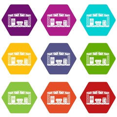 Warehouse storage equipment icons 9 set coloful isolated on white for web