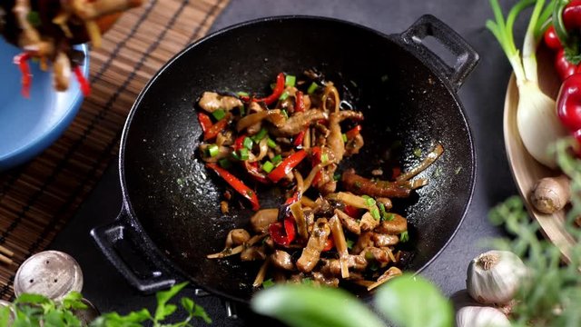Pork in Sechuan. Preparing dishes on the wok in the kitchen.