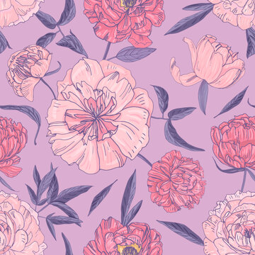 Stylish seamless pattern with beautiful blooming peonies on purple background