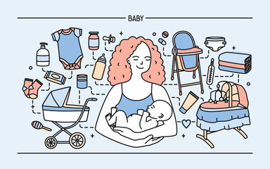 Banner with cute smiling mother holding newborn child surrounded by products and items for infant baby. Parenting, maternity, neonatal care and nursing. Colored vector illustration in line art style.