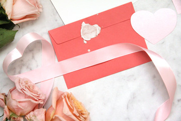 Composition for Valentine's day, envelope, ribbon, rose, heart, pink