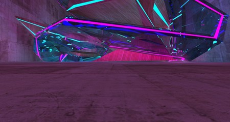 Abstract  Concrete Futuristic Sci-Fi interior With Pink And Blue Glowing Neon Tubes . 3D illustration and rendering.