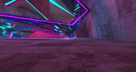 Abstract  Concrete Futuristic Sci-Fi interior With Pink And Blue Glowing Neon Tubes . 3D illustration and rendering.